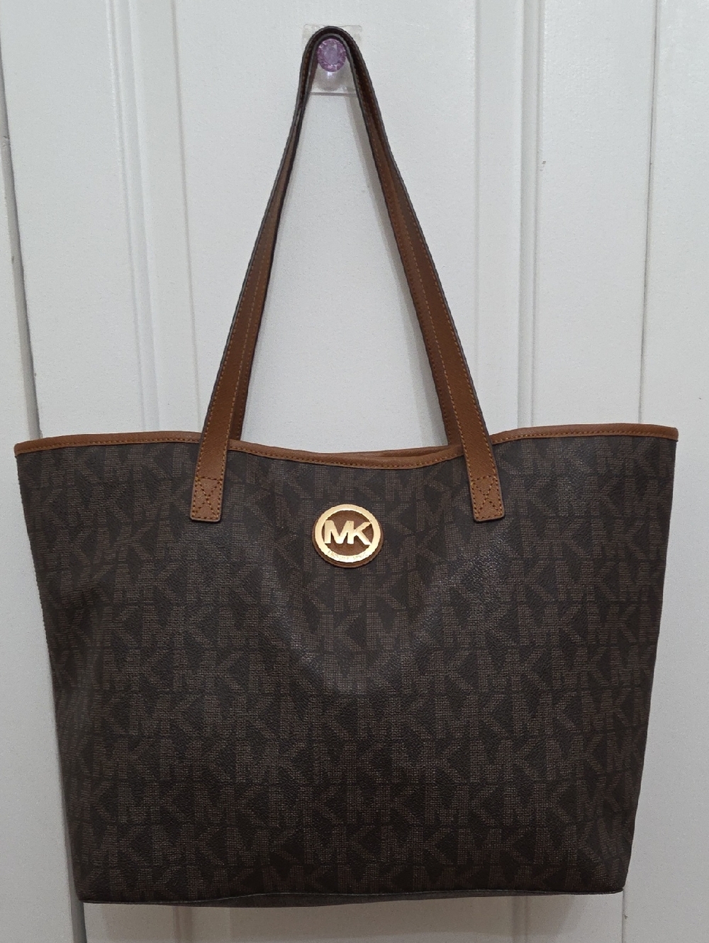 Michael Kors Jet Set Travel Medium MK Signature PVC Leather Tote Bag Brown